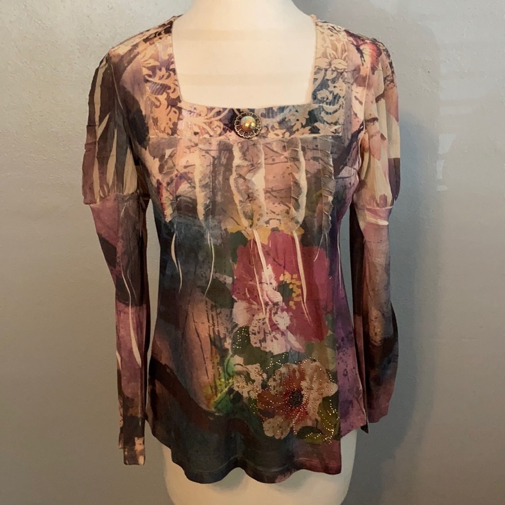 B.L.E.U. Long Sleeve Top Y2K Peasant Puff Sleeves S Square Neckline